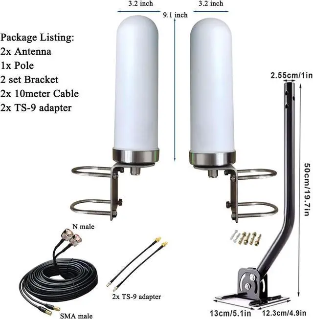 Alt view image 2 of 6 - Omni MiMo 5G 4G/ LTE Antenna TS9 SMA for T-Mobile Home Internet, Verizon, AT&T, Modem, Router, Gateway, Hotspots/ 2x2 10meter RG58 Cable with SMA Port/ TS9 Adapter/Mount Pole