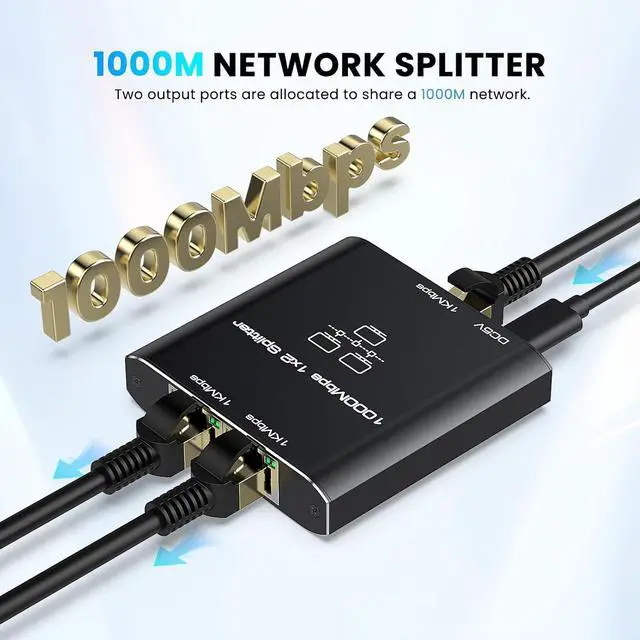 Alt view image 2 of 7 - Ethernet Splitter 1 to 2 High Speed 1000Mbps, Gigabit RJ45 Internet Ethernet Switch, Network LAN Splitter with USB Power Cable for Cat 5/5e/6/7/8 Cable [2 Devices Networked Simultaneously]