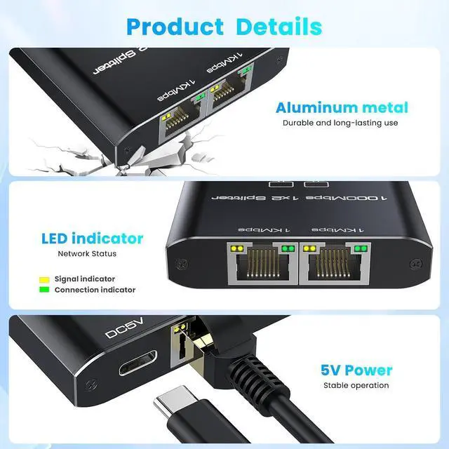 Alt view image 3 of 7 - Ethernet Splitter 1 to 2 High Speed 1000Mbps, Gigabit RJ45 Internet Ethernet Switch, Network LAN Splitter with USB Power Cable for Cat 5/5e/6/7/8 Cable [2 Devices Networked Simultaneously]