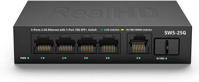 Main image of 5 Port 2.5GB Ethernet Switch Unmanaged Network Switch | 5 x 2.5 Gigabit | 1 x 10G SFP+ | Multigig Switch 10-100-1000Mbps | 45G Bandwidth | Plug & Play | Fanless Metal Internet Switch
