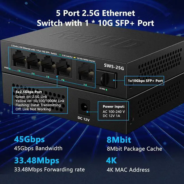 Alt view image 4 of 6 - 5 Port 2.5GB Ethernet Switch Unmanaged Network Switch | 5 x 2.5 Gigabit | 1 x 10G SFP+ | Multigig Switch 10-100-1000Mbps | 45G Bandwidth | Plug & Play | Fanless Metal Internet Switch