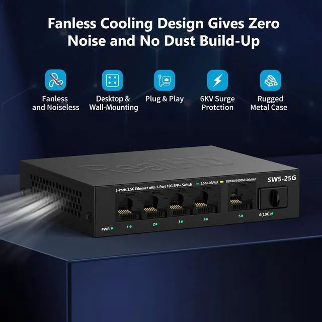 Alt view image 5 of 6 - 5 Port 2.5GB Ethernet Switch Unmanaged Network Switch | 5 x 2.5 Gigabit | 1 x 10G SFP+ | Multigig Switch 10-100-1000Mbps | 45G Bandwidth | Plug & Play | Fanless Metal Internet Switch