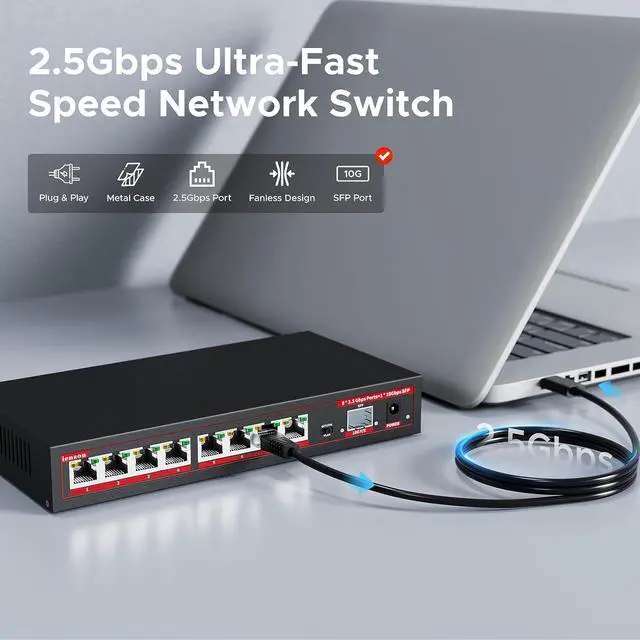 Alt view image 2 of 7 - 2.5G Switch 9 Ports with 1*10Gb switches , 8 Ports 2.5Gb and 1x10G SFP+ Slot, Vlan FunctionEthernet ,Network Switch, 60Gbps Capacity, Splitter| Plug & Play| Fanless Metal Design| Traffic