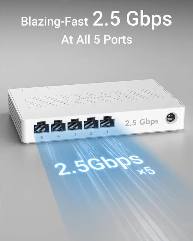 Alt view image 2 of 6 - BrosTrend 5 Port 2.5GB Switch, Unmanaged Ethernet Switch for Game Console, PC, NAS, etc. 2.5 Gigabit Network Switch Fanless Plug & Play, Multi-Gigabit Switch, Desktop / Wall Mount, Lifetime Protection