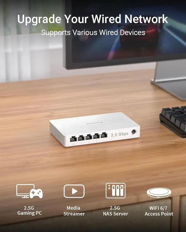 Alt view image 3 of 6 - BrosTrend 5 Port 2.5GB Switch, Unmanaged Ethernet Switch for Game Console, PC, NAS, etc. 2.5 Gigabit Network Switch Fanless Plug & Play, Multi-Gigabit Switch, Desktop / Wall Mount, Lifetime Protection