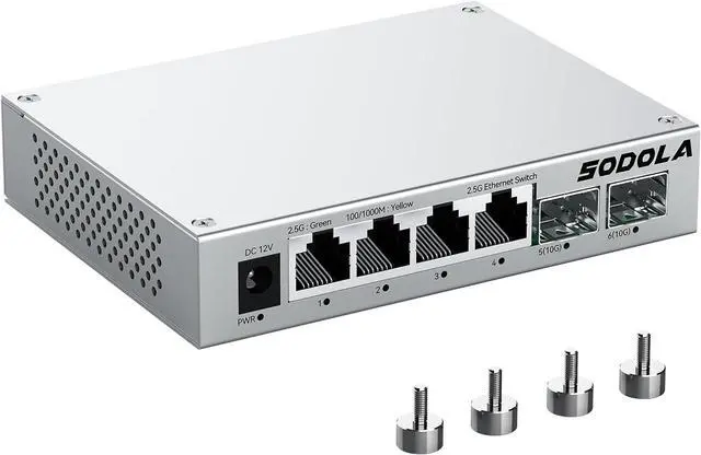 Main image of 2.5Gb Switch,4 x 2.5G Base-T Ports, 2 x 10G SFP+, Aluminum Alloy Cooling & Magnetic Mounting,2.5 Gigabit Network Switch Fanless Plug & Play, Unmanaged Multi-Gigabit Switch,Lifetime Protection