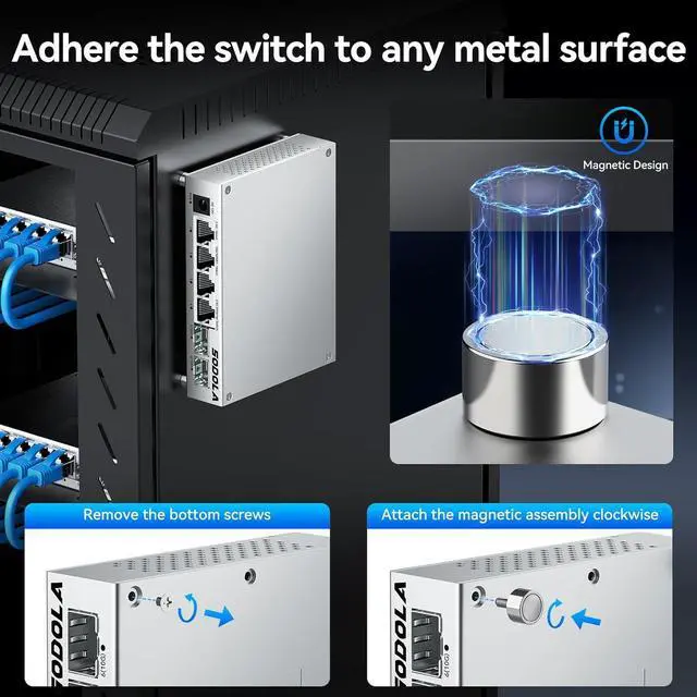 Alt view image 6 of 7 - 2.5Gb Switch,4 x 2.5G Base-T Ports, 2 x 10G SFP+, Aluminum Alloy Cooling & Magnetic Mounting,2.5 Gigabit Network Switch Fanless Plug & Play, Unmanaged Multi-Gigabit Switch,Lifetime Protection
