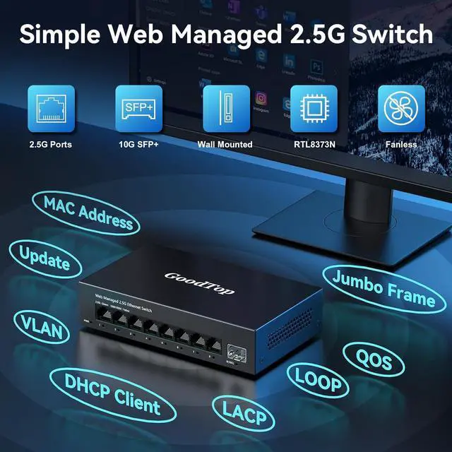 Alt view image 3 of 7 - 8 Port 2.5G Managed Ethernet Switch with 10G SFP, 8 x 2.5G Base-T Ports, Support LACP/VLAN/QOS/DHCP Client, Metal Web Managed Fanless Network Switch