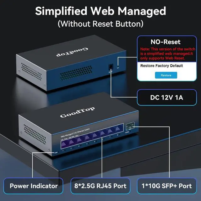 Alt view image 6 of 7 - 8 Port 2.5G Managed Ethernet Switch with 10G SFP, 8 x 2.5G Base-T Ports, Support LACP/VLAN/QOS/DHCP Client, Metal Web Managed Fanless Network Switch