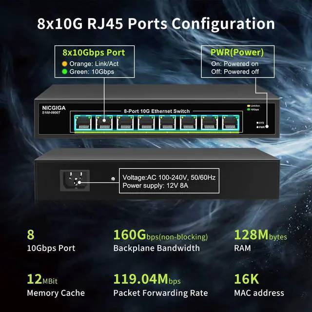 Alt view image 2 of 7 - 8 Port 10G Ethernet Switch Unmanaged,with 8X 10Gb Base-T Ports, NICGIGA 10Gbps Network Switch Easy for 10G NAS,PC,WiFi7 Router,10G Adapter/NIC. Desktop or 19-inch Rack Mount, Plug and Play.