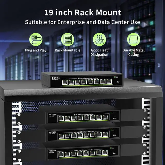 Alt view image 4 of 7 - 8 Port 10G Ethernet Switch Unmanaged,with 8X 10Gb Base-T Ports, NICGIGA 10Gbps Network Switch Easy for 10G NAS,PC,WiFi7 Router,10G Adapter/NIC. Desktop or 19-inch Rack Mount, Plug and Play.