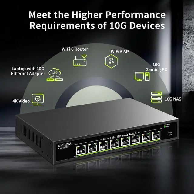 Alt view image 6 of 7 - 8 Port 10G Ethernet Switch Unmanaged,with 8X 10Gb Base-T Ports, NICGIGA 10Gbps Network Switch Easy for 10G NAS,PC,WiFi7 Router,10G Adapter/NIC. Desktop or 19-inch Rack Mount, Plug and Play.
