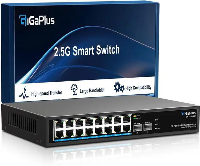 Main image of 18 Port 2.5Gb Unmanaged Ethernet Switch with 16* 2.5G Base-T Ports, 2* 10G SFP+ Ports. GiGaPlus 2.5Gbps Network Switch for 2.5Gbps NAS/PC, Wireless AP, WiFi6 Router. Plug and Play, Fanless Design.