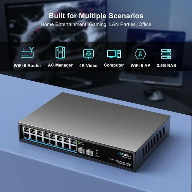 Alt view image 4 of 7 - 18 Port 2.5Gb Unmanaged Ethernet Switch with 16* 2.5G Base-T Ports, 2* 10G SFP+ Ports. GiGaPlus 2.5Gbps Network Switch for 2.5Gbps NAS/PC, Wireless AP, WiFi6 Router. Plug and Play, Fanless Design.