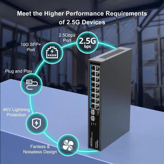 Alt view image 6 of 7 - 18 Port 2.5Gb Unmanaged Ethernet Switch with 16* 2.5G Base-T Ports, 2* 10G SFP+ Ports. GiGaPlus 2.5Gbps Network Switch for 2.5Gbps NAS/PC, Wireless AP, WiFi6 Router. Plug and Play, Fanless Design.