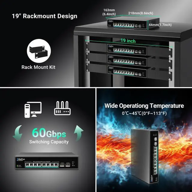 Alt view image 7 of 7 - 10 Port 2.5Gb Unmanaged PoE Switch with 8*2.5G Base-T PoE Ports, 2*10G SFP+ Uplink, 802.3af/at (PoE+), 80Gbps Switching Capacity, GigaPlus 2.5G PoE Switch for 2.5Gb NAS/PC, WiFi6 Router, Wireless AP