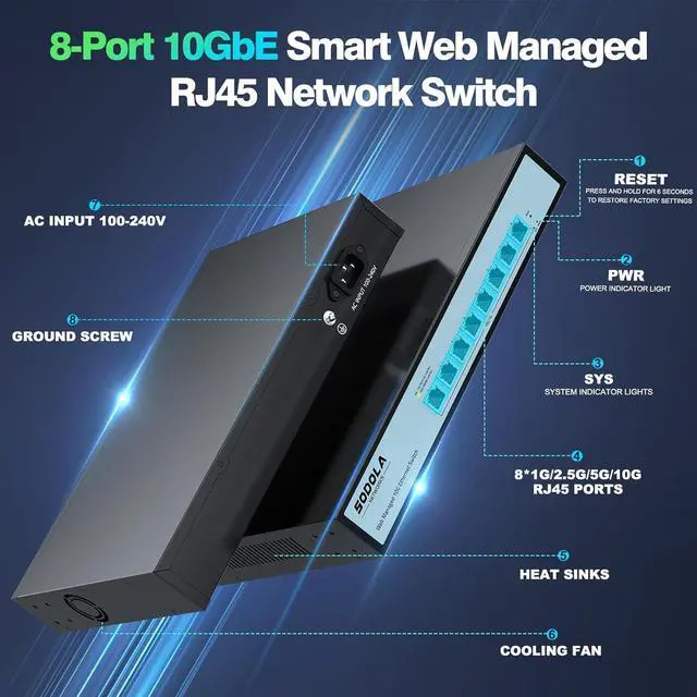 Alt view image 2 of 7 - 8 Port 10Gb Easy Web Managed Switch, 8 x 10G RJ-45 Ports, 160Gbps Bandwidth, Support LACP, VLAN, QoS, 10G/5G/2.5G/1000M/100M Auto-Negotiation, Multi-Gigabit Managed Ethernet Switch