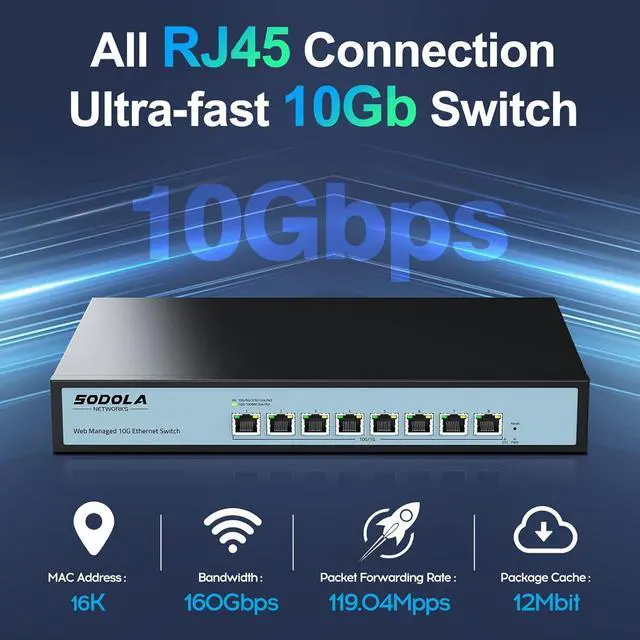 Alt view image 3 of 7 - 8 Port 10Gb Easy Web Managed Switch, 8 x 10G RJ-45 Ports, 160Gbps Bandwidth, Support LACP, VLAN, QoS, 10G/5G/2.5G/1000M/100M Auto-Negotiation, Multi-Gigabit Managed Ethernet Switch