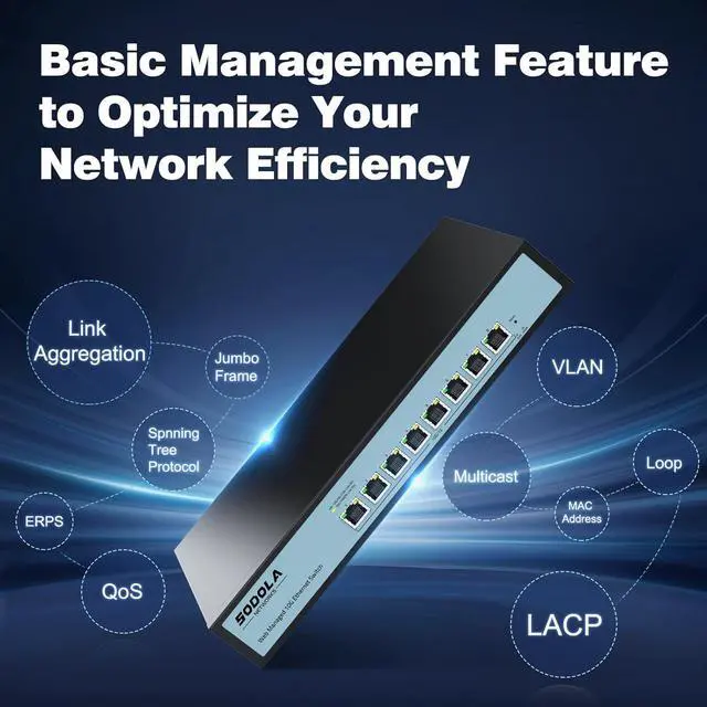 Alt view image 4 of 7 - 8 Port 10Gb Easy Web Managed Switch, 8 x 10G RJ-45 Ports, 160Gbps Bandwidth, Support LACP, VLAN, QoS, 10G/5G/2.5G/1000M/100M Auto-Negotiation, Multi-Gigabit Managed Ethernet Switch