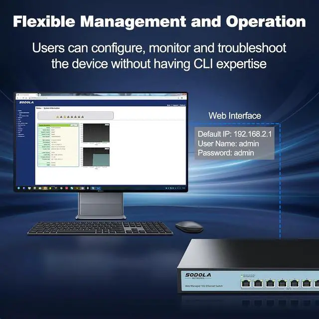 Alt view image 6 of 7 - 8 Port 10Gb Easy Web Managed Switch, 8 x 10G RJ-45 Ports, 160Gbps Bandwidth, Support LACP, VLAN, QoS, 10G/5G/2.5G/1000M/100M Auto-Negotiation, Multi-Gigabit Managed Ethernet Switch