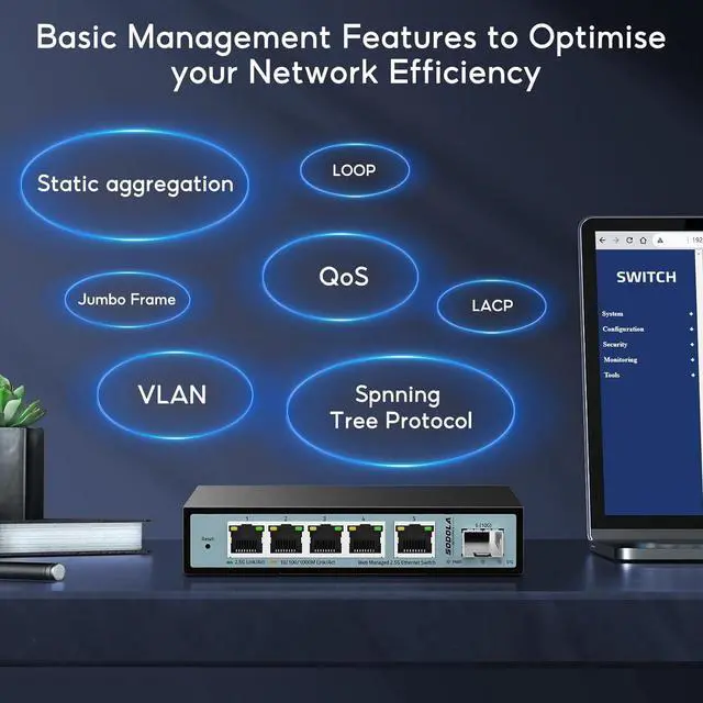 Alt view image 6 of 7 - 6 Port 2.5G Web Managed Switch,1 10G SFP Slot&5 x 2.5G Base-T Ports,Static Aggregation/QoS/VLAN/IGMP, Metal Fanless Smart Multi-Gigabit Network Switch
