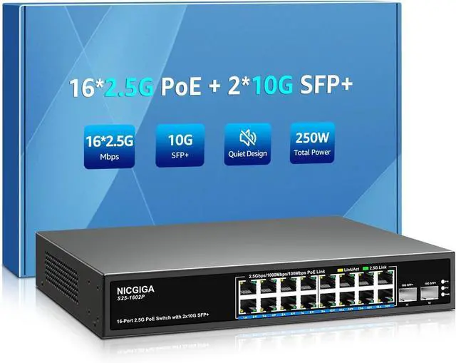 Main image of 16 Port 2.5G PoE Switch Unmanaged with 16 Port 2.5Gb Base-T PoE+@250W + 2 x 10G SFP+ Uplink, NICGIGA 18 Port 2.5Gbe IEEE802.3af/at Power Over Ethernet Switch, Support WiFi6 AP, NAS, 4K PoE Camera NVR.