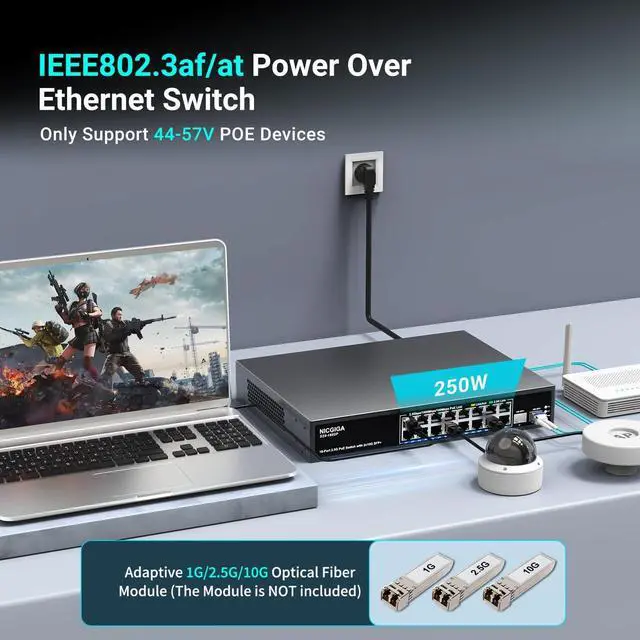 Alt view image 3 of 7 - 16 Port 2.5G PoE Switch Unmanaged with 16 Port 2.5Gb Base-T PoE+@250W + 2 x 10G SFP+ Uplink, NICGIGA 18 Port 2.5Gbe IEEE802.3af/at Power Over Ethernet Switch, Support WiFi6 AP, NAS, 4K PoE Camera NVR.