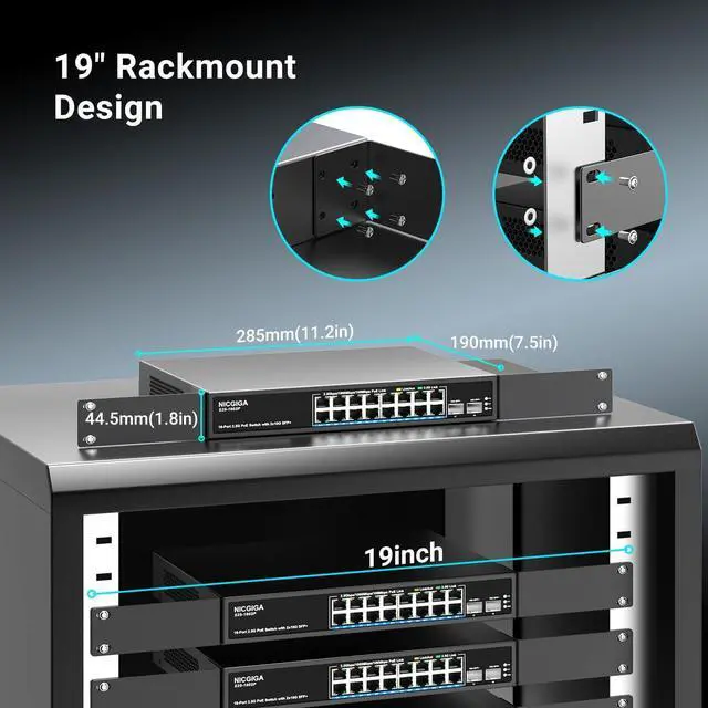 Alt view image 5 of 7 - 16 Port 2.5G PoE Switch Unmanaged with 16 Port 2.5Gb Base-T PoE+@250W + 2 x 10G SFP+ Uplink, NICGIGA 18 Port 2.5Gbe IEEE802.3af/at Power Over Ethernet Switch, Support WiFi6 AP, NAS, 4K PoE Camera NVR.