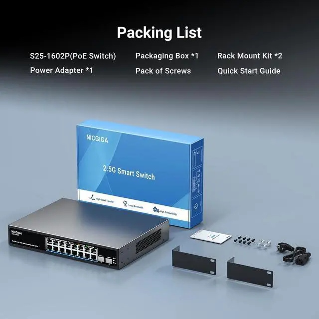 Alt view image 7 of 7 - 16 Port 2.5G PoE Switch Unmanaged with 16 Port 2.5Gb Base-T PoE+@250W + 2 x 10G SFP+ Uplink, NICGIGA 18 Port 2.5Gbe IEEE802.3af/at Power Over Ethernet Switch, Support WiFi6 AP, NAS, 4K PoE Camera NVR.
