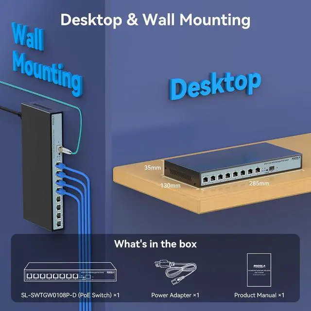 Alt view image 7 of 7 - 8 Port 2.5G Web Managed PoE Switch 120W | 1X 10G SFP+ & 8 x 2.5GBase-T Ports, Max 90W Output, IEEE802.3af/at/bt, Desktop & Wall Mount 2.5GbE Network Switch