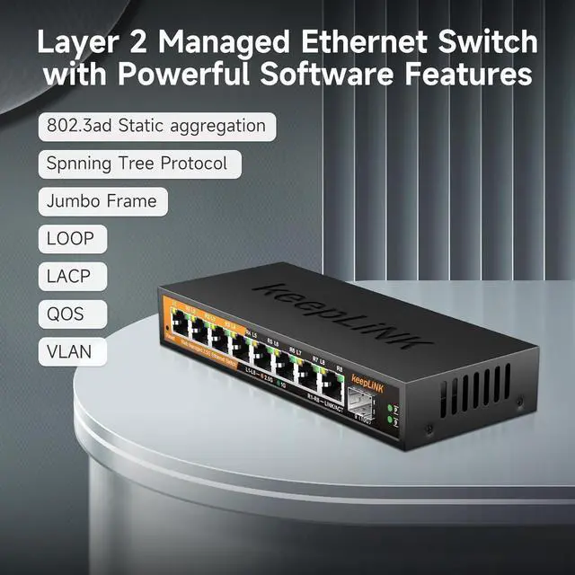 Alt view image 5 of 7 - 8 Ports 2.5G Switch Smart Web Managed, 8 x 2.5G Base-T & 1 x 10G SFP Slot, Support 802.3ad Static Aggregation, QOS/VLAN/IGMP, Metal Housing Network Ethernet Switch