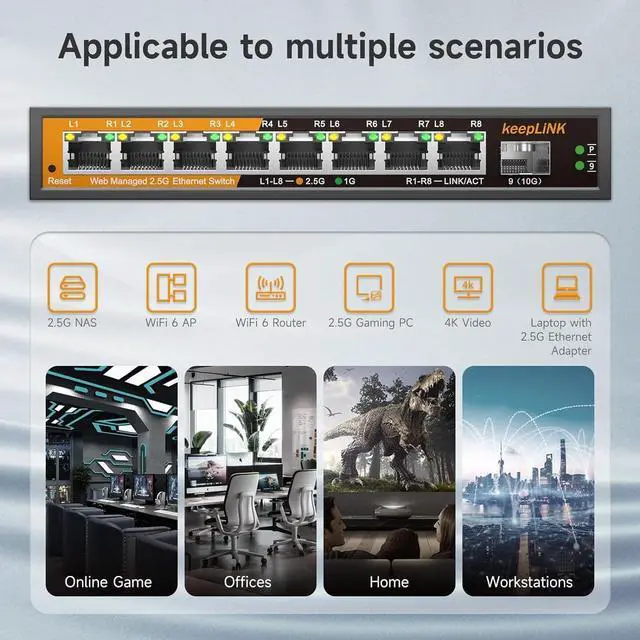 Alt view image 7 of 7 - 8 Ports 2.5G Switch Smart Web Managed, 8 x 2.5G Base-T & 1 x 10G SFP Slot, Support 802.3ad Static Aggregation, QOS/VLAN/IGMP, Metal Housing Network Ethernet Switch