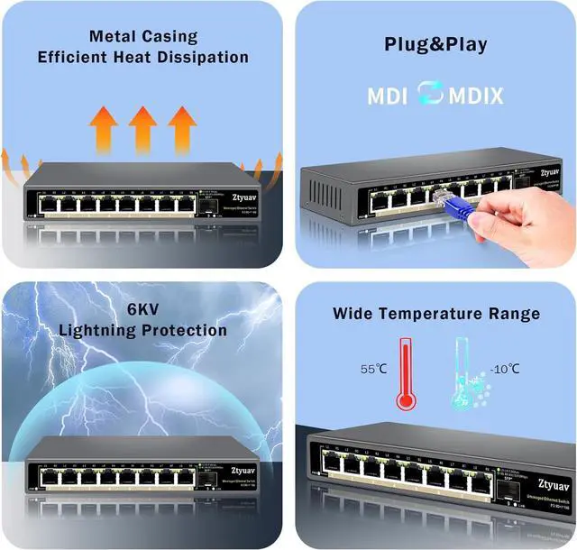 Alt view image 5 of 7 - 9 Port Unmanaged 2.5G Ethernet Switch with 8 x 2.5G RJ-45 Base-T Ports, 1 x 10G SFP+, Ports Speed Auto-Negotiation-100/1000/2500Mbps, Desktop/Wall Mount, Fanless & Metal