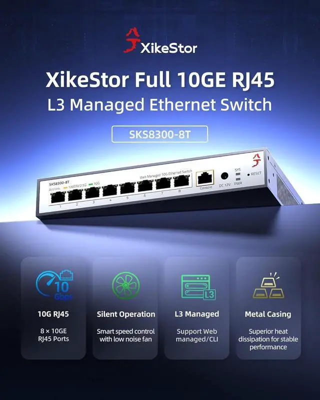 Alt view image 2 of 7 - L3 Managed 8 Port 10G Ethernet Switch, 10Gb Network Switch with 8X RJ45 Ports, DHCP/OSPF/BGP/RIP/VLAN/ACL/LACP/ARP/IGMP Supported, Built-in Smart Fan, Desktop/Wall-Mount
