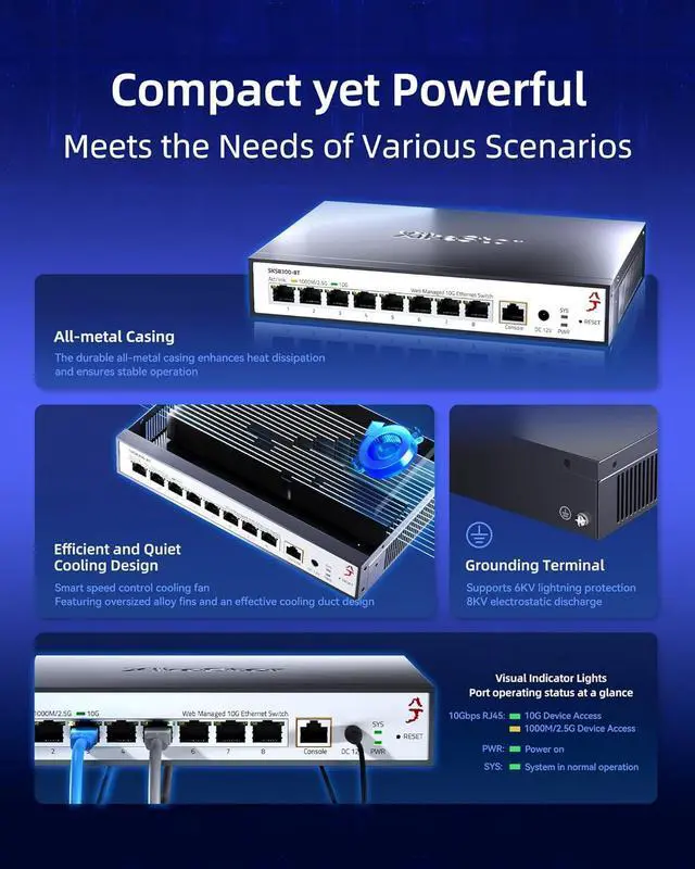 Alt view image 3 of 7 - L3 Managed 8 Port 10G Ethernet Switch, 10Gb Network Switch with 8X RJ45 Ports, DHCP/OSPF/BGP/RIP/VLAN/ACL/LACP/ARP/IGMP Supported, Built-in Smart Fan, Desktop/Wall-Mount