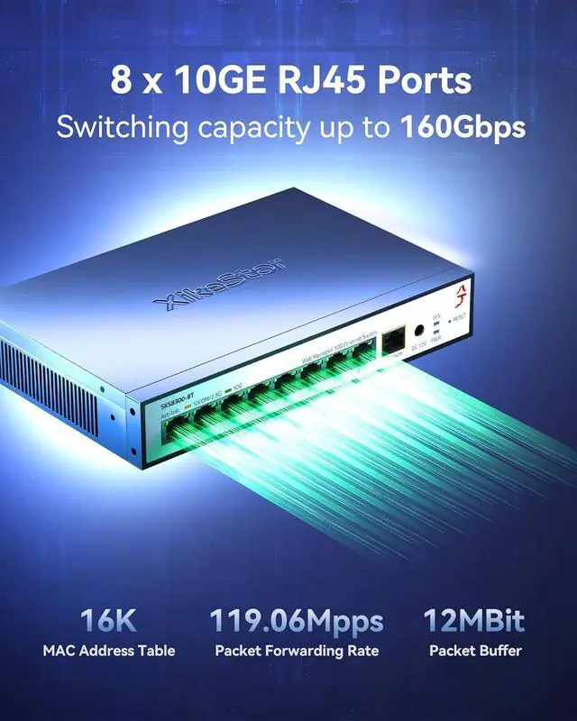 Alt view image 7 of 7 - L3 Managed 8 Port 10G Ethernet Switch, 10Gb Network Switch with 8X RJ45 Ports, DHCP/OSPF/BGP/RIP/VLAN/ACL/LACP/ARP/IGMP Supported, Built-in Smart Fan, Desktop/Wall-Mount