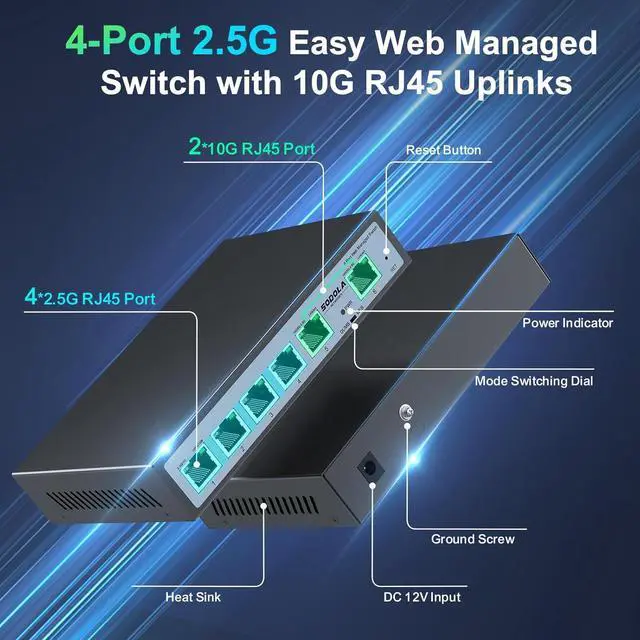 Alt view image 2 of 7 - 2.5Gb Easy Web Managed Switch, 2x10GBase-T Ports and 4x2.5GBase-T Ports, Full RJ45 Managed Ethernet Switch with Link Aggregation,VLAN,IGMP, 2.5G 10G Network Home-lab Switch