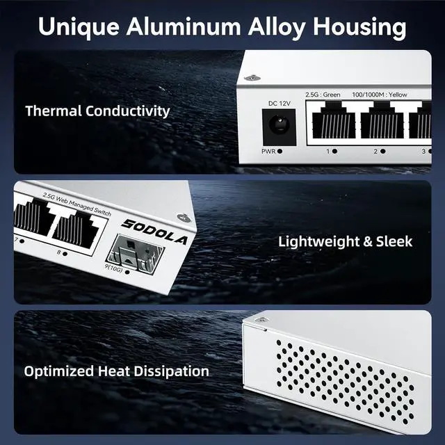 Alt view image 5 of 7 - 8-Port 2.5Gb Web Managed Switch with 10G SFP+, Aluminum Alloy Cooling & Magnetic Mounting - LACP/QoS/VLAN/IGMP Managed Multi-Gigabit Switch for Homelab
