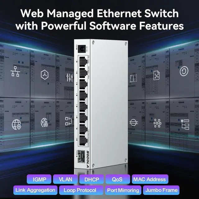 Alt view image 4 of 7 - 8-Port 2.5Gb Web Managed Switch with 10G SFP+, Aluminum Alloy Cooling & Magnetic Mounting - LACP/QoS/VLAN/IGMP Managed Multi-Gigabit Switch for Homelab