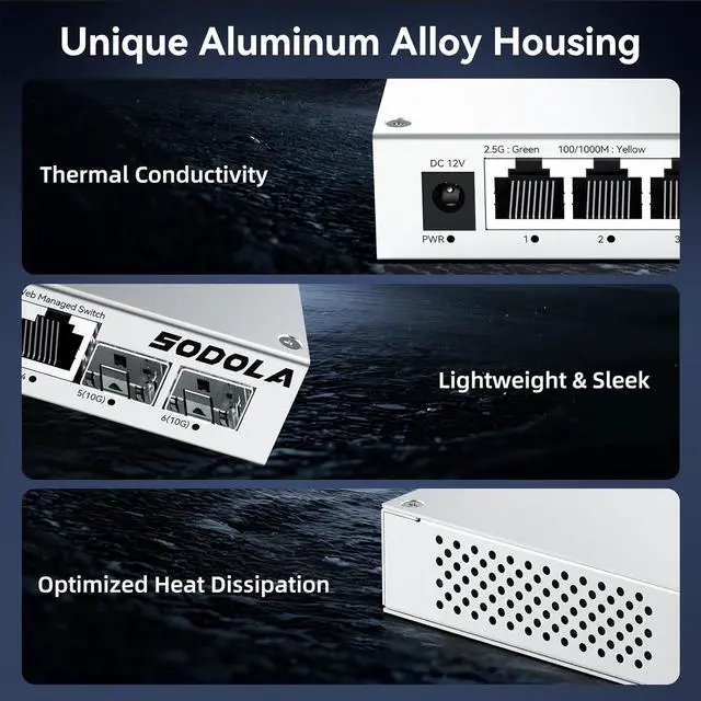 Alt view image 4 of 7 - 6 Port 2.5Gb Easy Web Managed Switch, 4 x 2.5G Base-T Ports, 2 x 10G SFP+,Aluminum Alloy Cooling & Magnetic Mounting - LACP/QoS/VLAN/IGMP Managed Multi-Gigabit Switch for Homelab