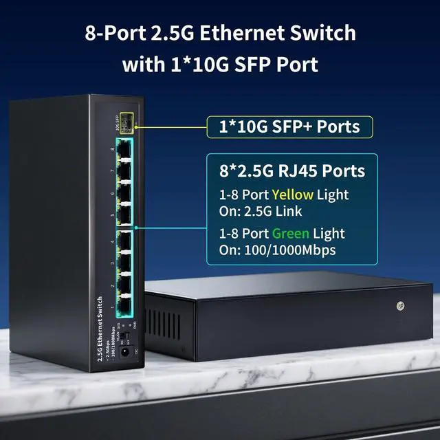 Alt view image 2 of 7 - STEAMEMO 8-Port 2.5G Ethernet Switch with 10G SFP | Plug-and-Play Unmanaged Network Switch | 60Gbps Switching Capacity | Compatible with Gigabit/2.5Gb Multi-Gig for NAS, PC, Gaming & Home Office