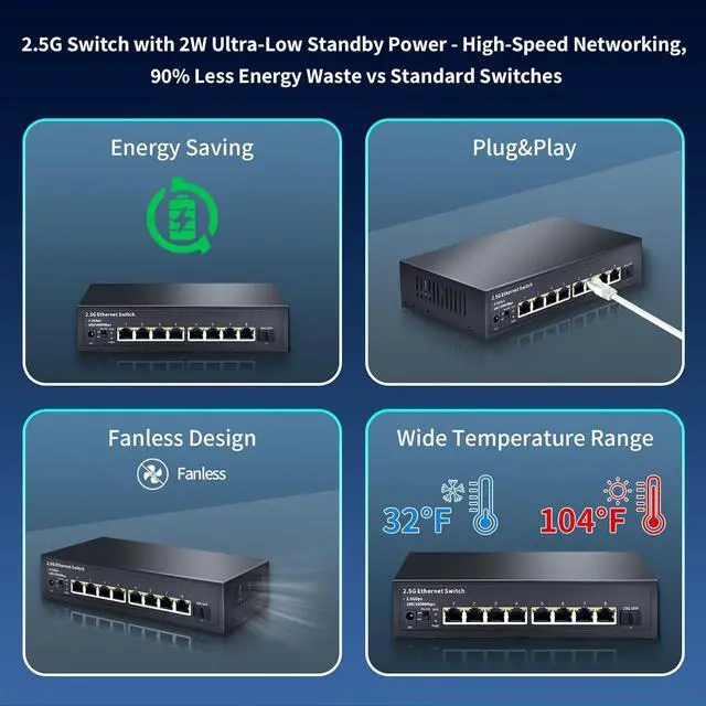 Alt view image 6 of 7 - STEAMEMO 8-Port 2.5G Ethernet Switch with 10G SFP | Plug-and-Play Unmanaged Network Switch | 60Gbps Switching Capacity | Compatible with Gigabit/2.5Gb Multi-Gig for NAS, PC, Gaming & Home Office