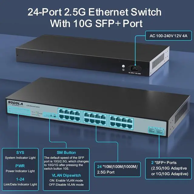 Alt view image 2 of 7 - 24 Port 2.5Gb Umanaged Switch,24X2.5G Base-T Ports,2X10G SFP, 160Gbps Switching Capacity,Port Isolation,/IU Rack-Mount/Fanless/Plug & Play Multi-Gig Unmanaged Ethernet Switch