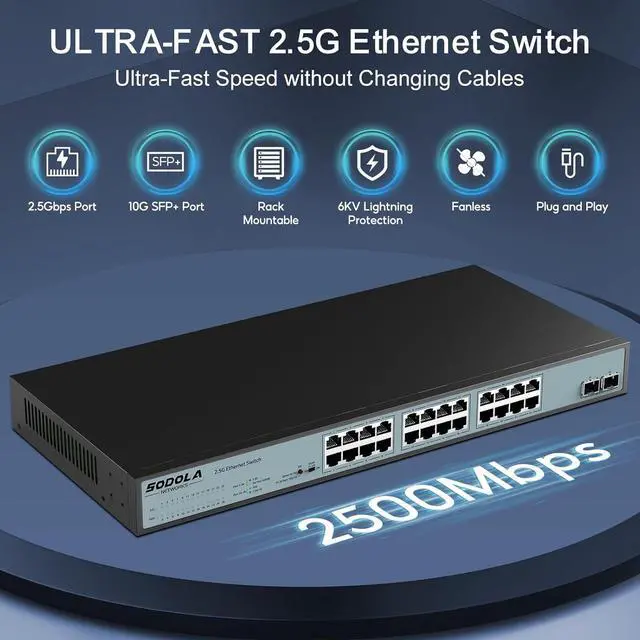Alt view image 3 of 7 - 24 Port 2.5Gb Umanaged Switch,24X2.5G Base-T Ports,2X10G SFP, 160Gbps Switching Capacity,Port Isolation,/IU Rack-Mount/Fanless/Plug & Play Multi-Gig Unmanaged Ethernet Switch