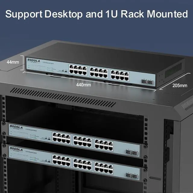 Alt view image 7 of 7 - 24 Port 2.5Gb Umanaged Switch,24X2.5G Base-T Ports,2X10G SFP, 160Gbps Switching Capacity,Port Isolation,/IU Rack-Mount/Fanless/Plug & Play Multi-Gig Unmanaged Ethernet Switch