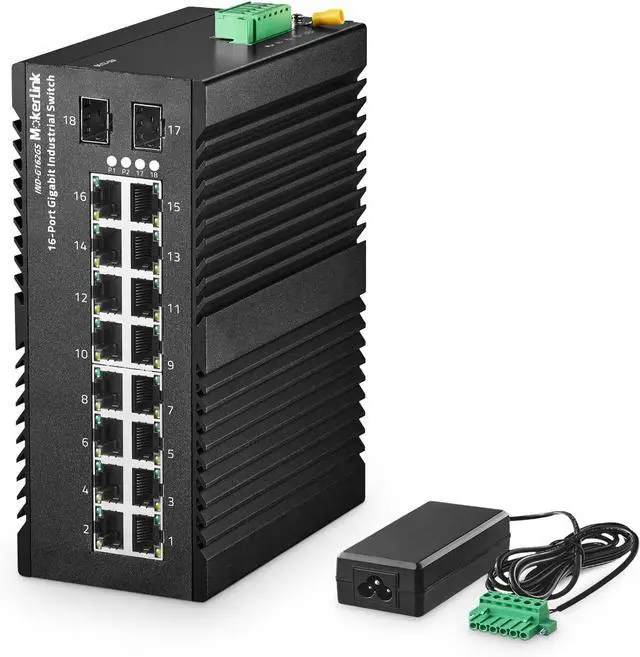 Main image of MokerLink 16 Port Gigabit Industrial DIN-Rail Ethernet Switch, 2 Gigabit SFP Ports, Unmanaged IP40 Network Switch (-40 to 185°F), with Power Supply