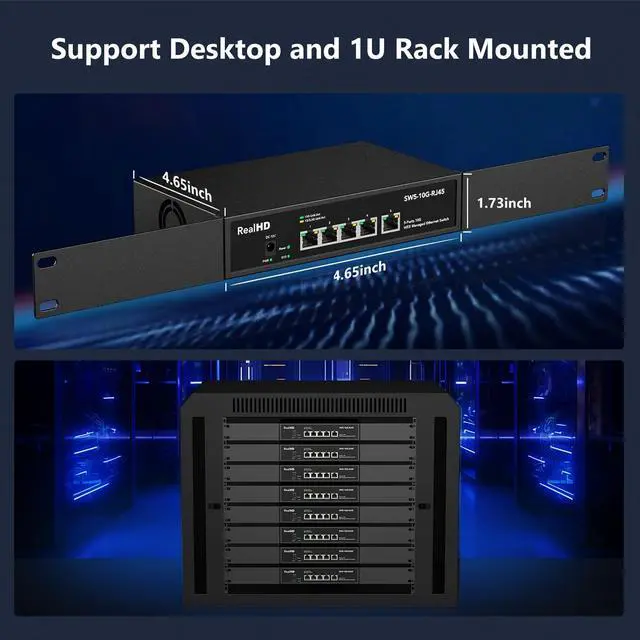 Alt view image 5 of 6 - 5 Port 10Gb RJ45 Web Managed Ethernet Network Switch, 5 x 10 Gigabit Base-T Port | 10Gbps Multi-Gig Swicth Support 5G-2.5G-1G-100M | 19 Inch Rack Mount | 100G Bandwidth | Metal Casing | Built-in Fan