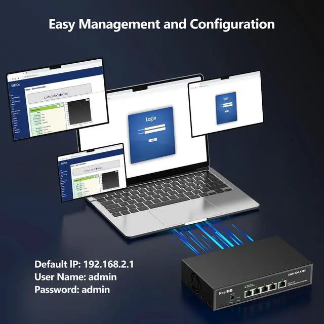 Alt view image 6 of 6 - 5 Port 10Gb RJ45 Web Managed Ethernet Network Switch, 5 x 10 Gigabit Base-T Port | 10Gbps Multi-Gig Swicth Support 5G-2.5G-1G-100M | 19 Inch Rack Mount | 100G Bandwidth | Metal Casing | Built-in Fan