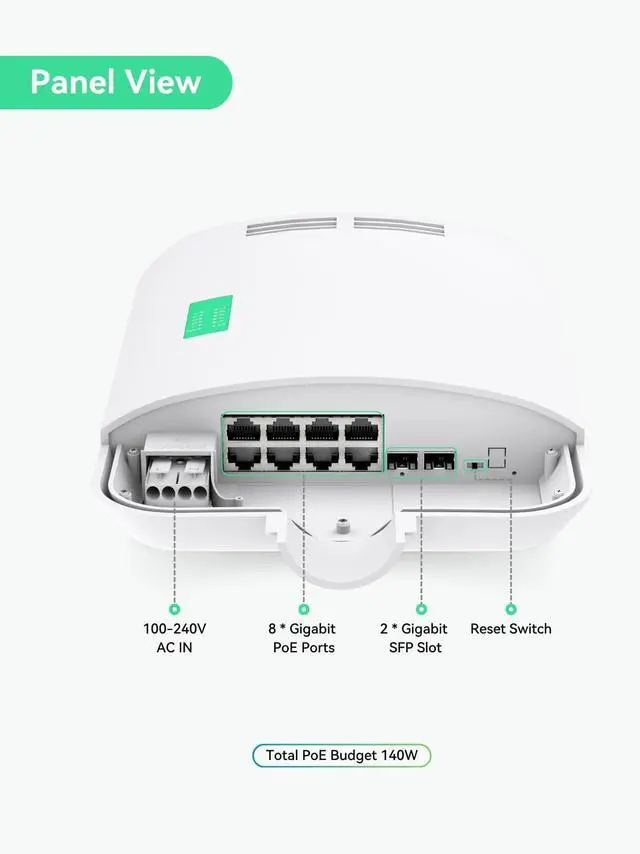 Alt view image 2 of 7 - LINOVISION Outdoor 8 Ports Full Gigabit PoE Switch with 2 SFP Uplinks, L2 and Remotely Cloud Managed PoE Switch, Waterproof IP65, Total PoE Budget 140W