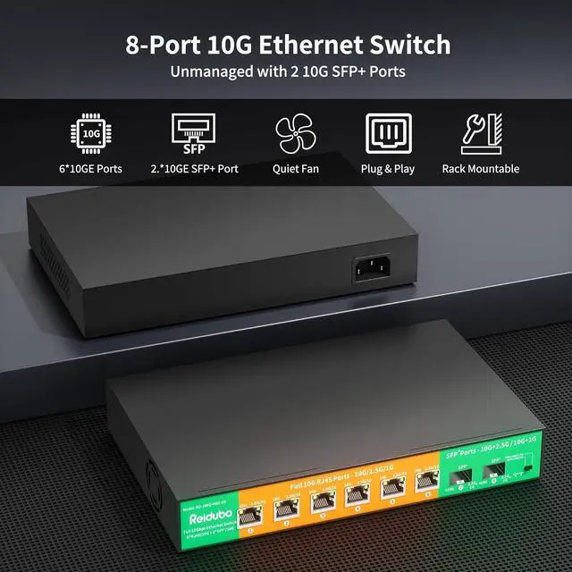 Alt view image 2 of 7 - 8-Port 10G Switch Unmanaged, 6 x 10G RJ45 Ports, 2 x 10G SFP+ Ports, 10G/2.5G/1G Auto-Negotiation, 160Gbps Capacity Ethernet Switch for 10G NAS, PC, WiFi7 Router,10G Adapter/NIC, Plug and Play